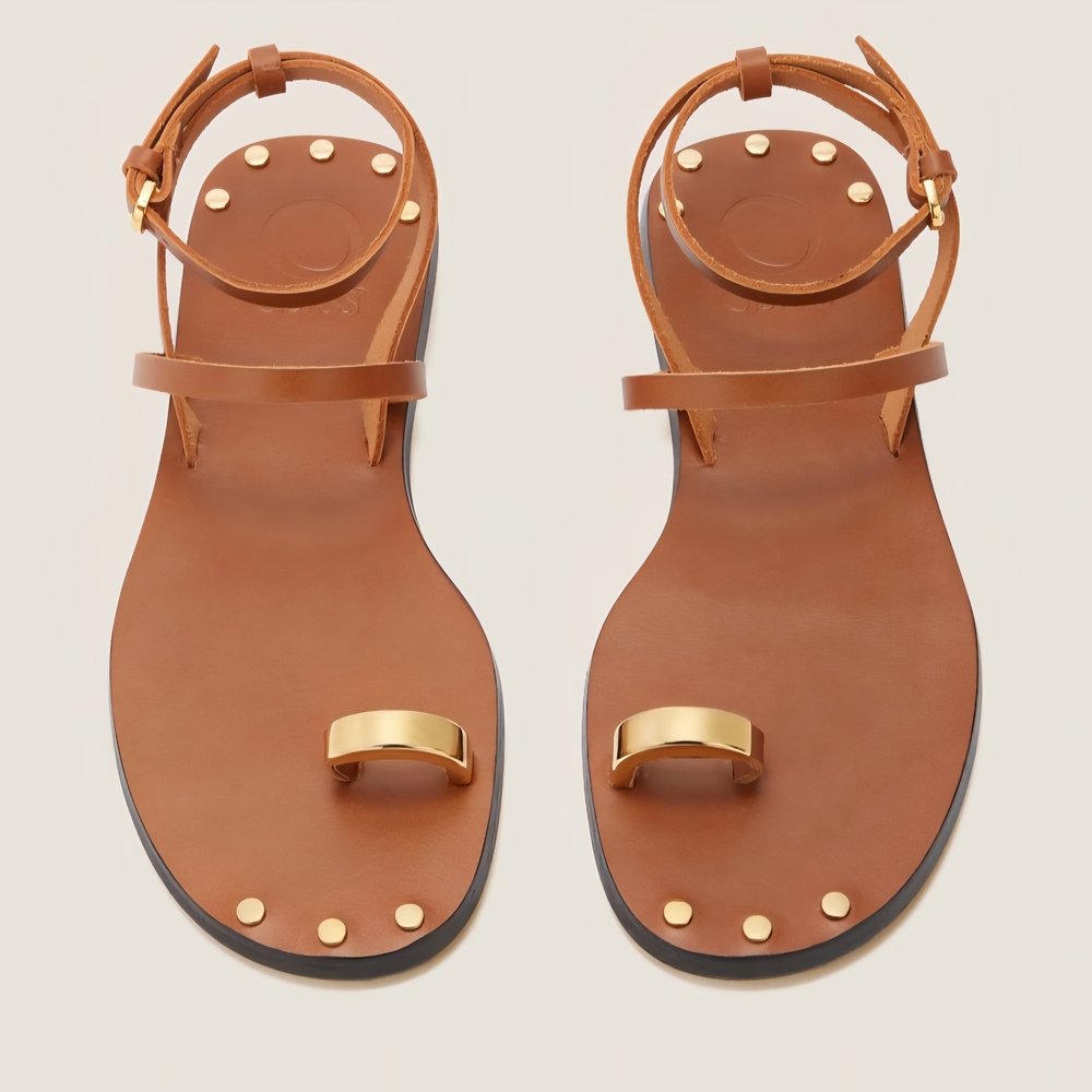 Stylish Tan Leather Sandals with Gold Accents